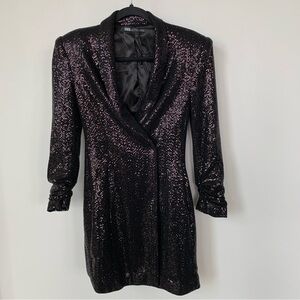 Zara Black Sequin Tuxedo Wrap Long Sleeve Dress Size S
